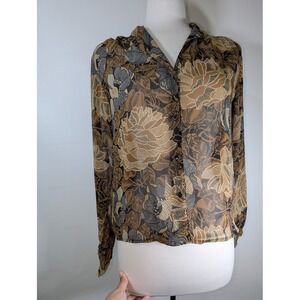 Vintage 70s Brown Floral Long Sleeve Button Up Top size 8